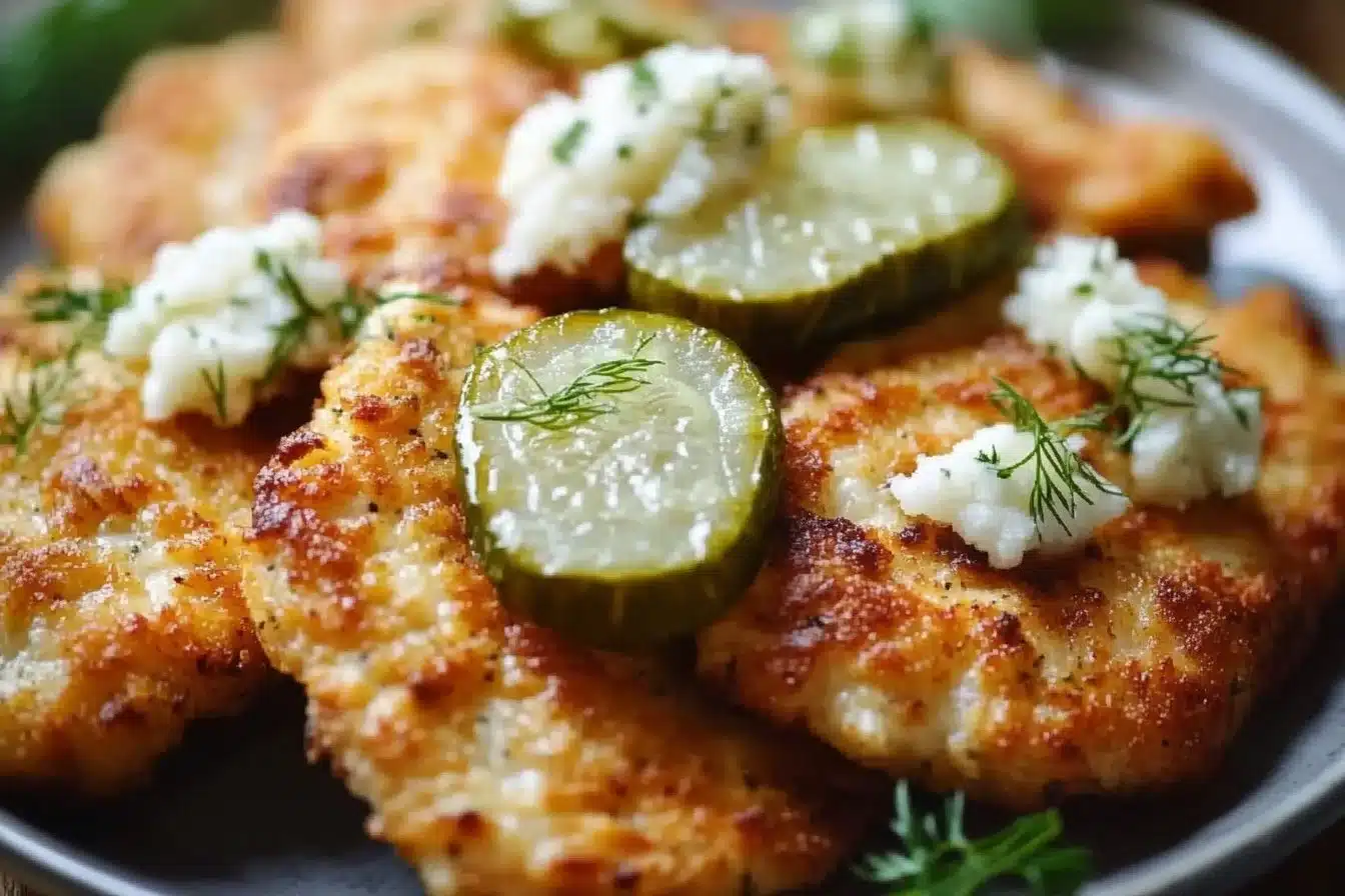 Delicious Crispy Dill Pickle Parmesan Chicken served on a plate