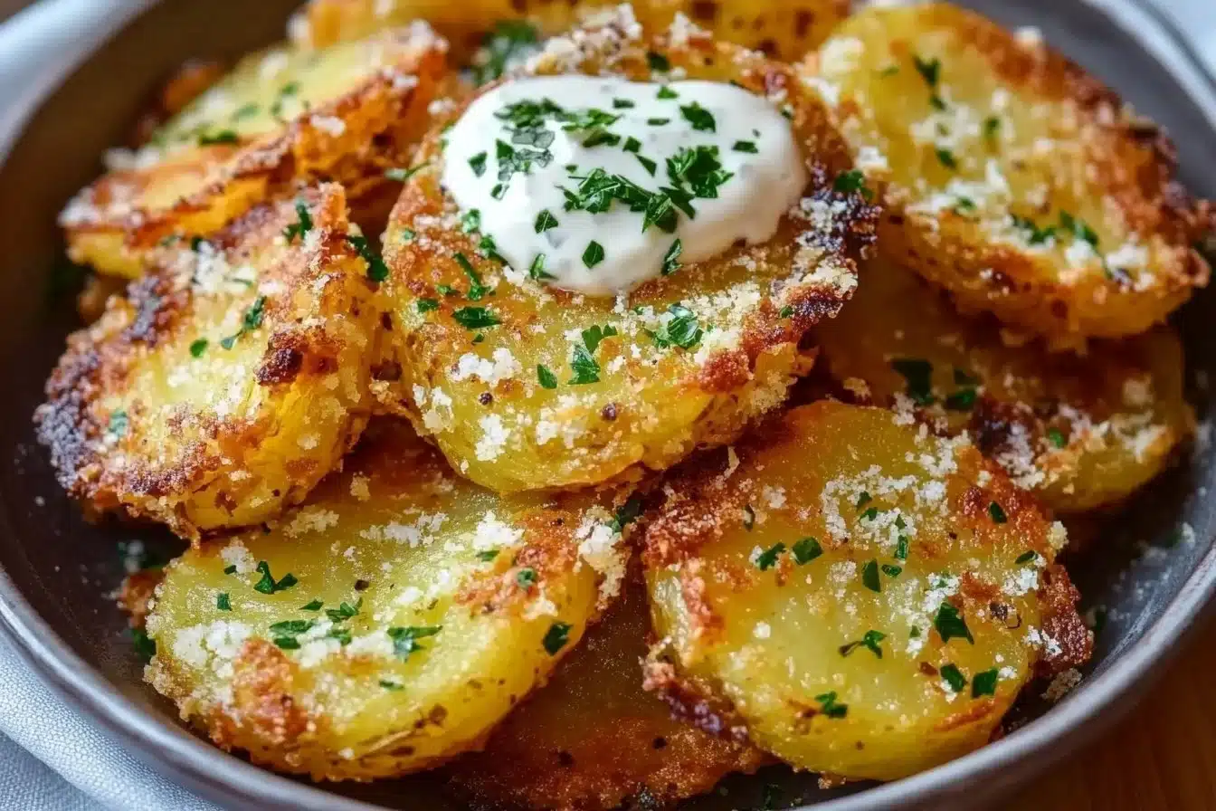 Crispy garlic parmesan smashed potatoes served on a plate