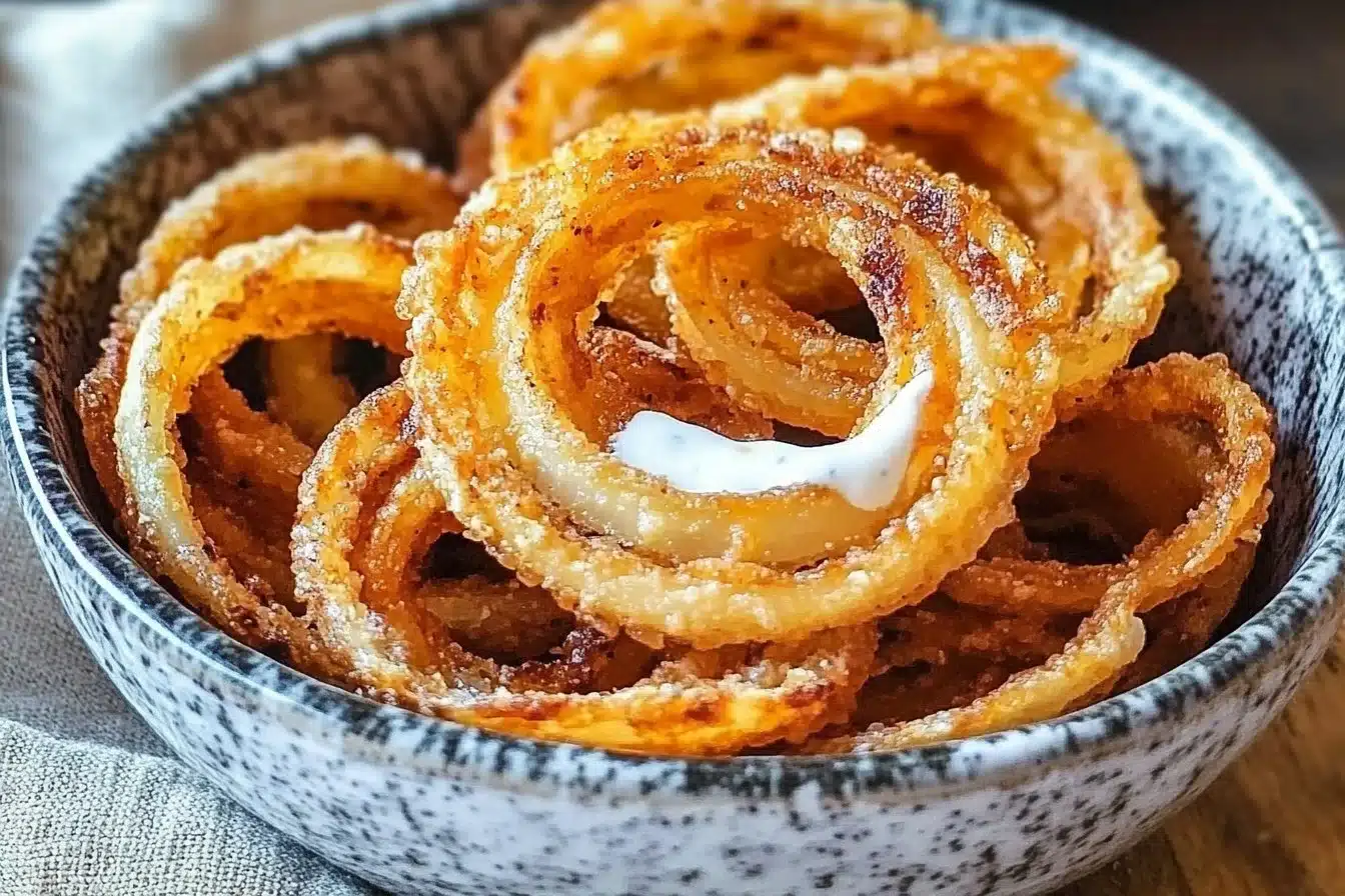 Bowl of crispy onion ring chips, golden and crunchy snacks ready to enjoy.
