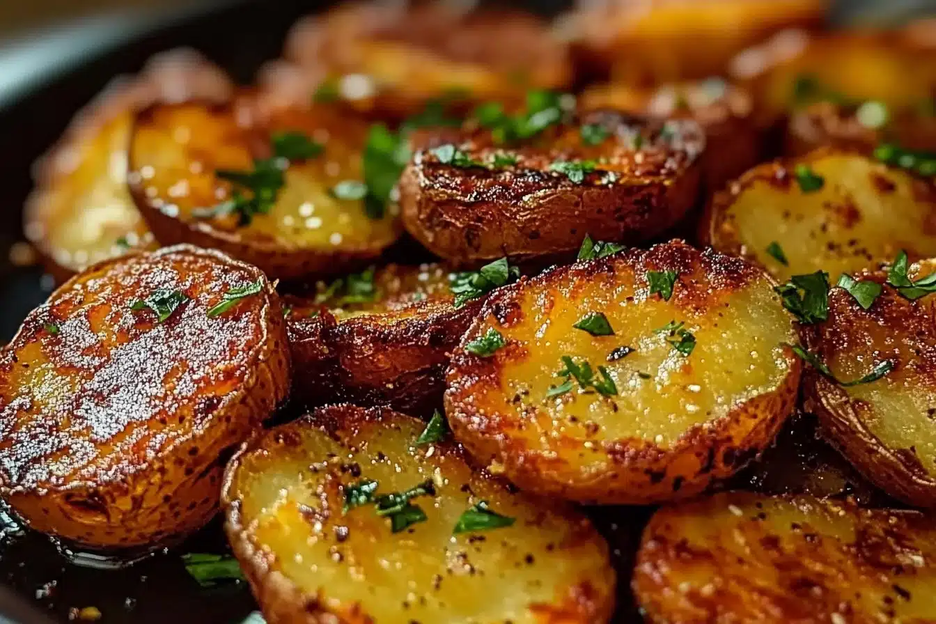 Crispy smashed red potatoes served on a plate with herbs.