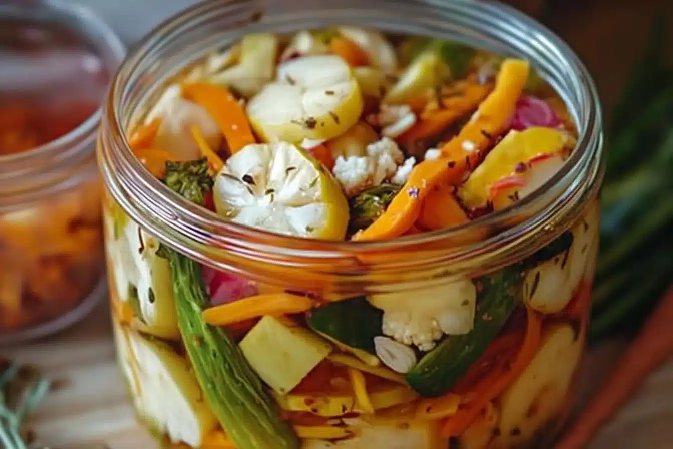 Bowl of crunchy tangy refrigerator pickled vegetables
