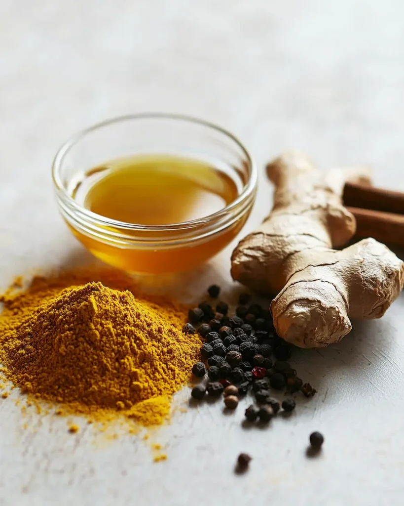 dr-gupta-honey-recipe-ingredients ingredients for dr gupta honey recipe honey turmeric cinnamon pepper and ginger seen up close