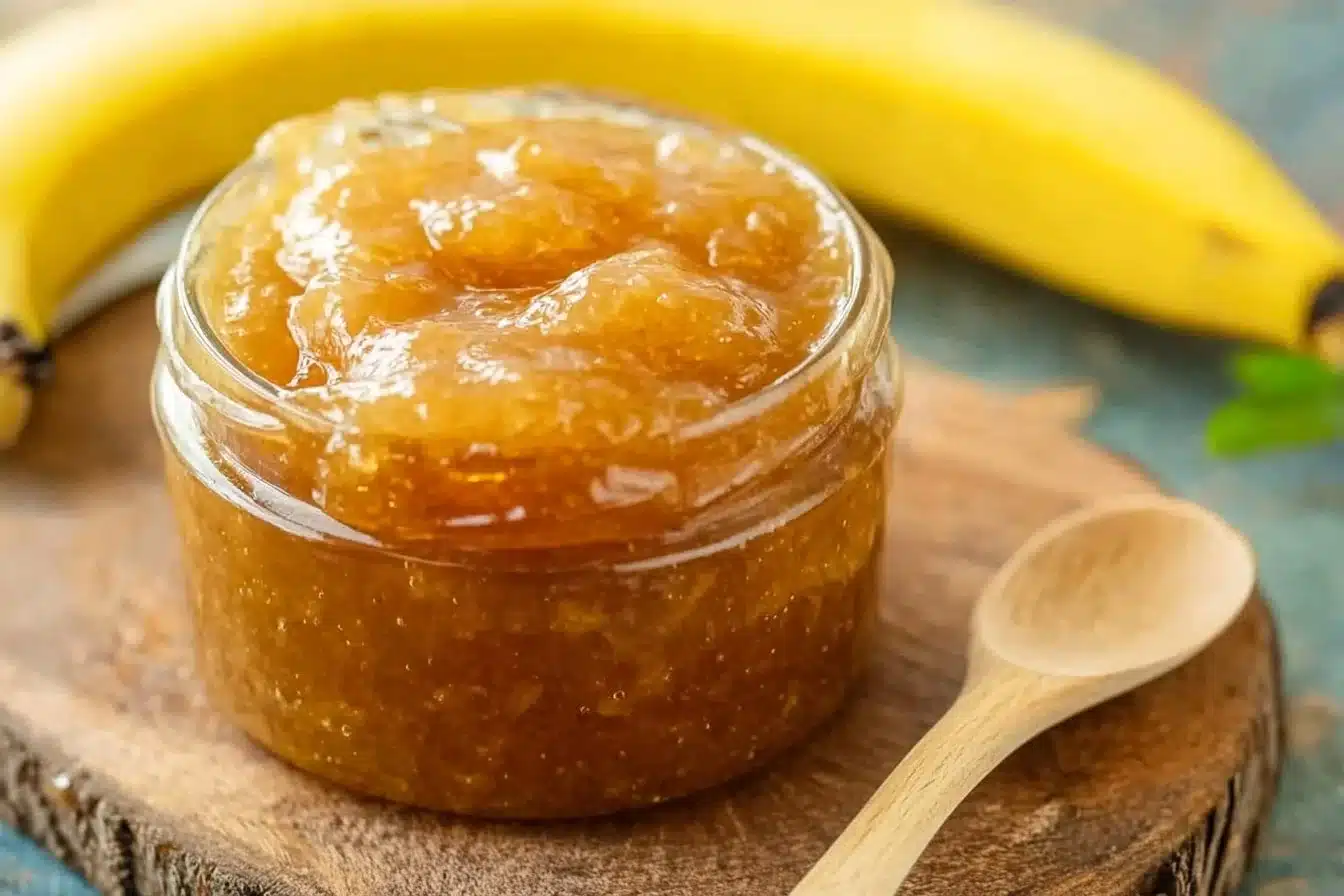 Drunken Monkey Banana Rum Jam in a jar with tropical elements