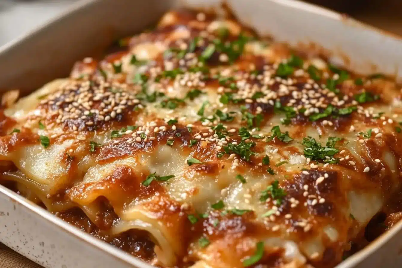 Delicious dumpling lasagna with layers of dumplings, sauce, and cheese