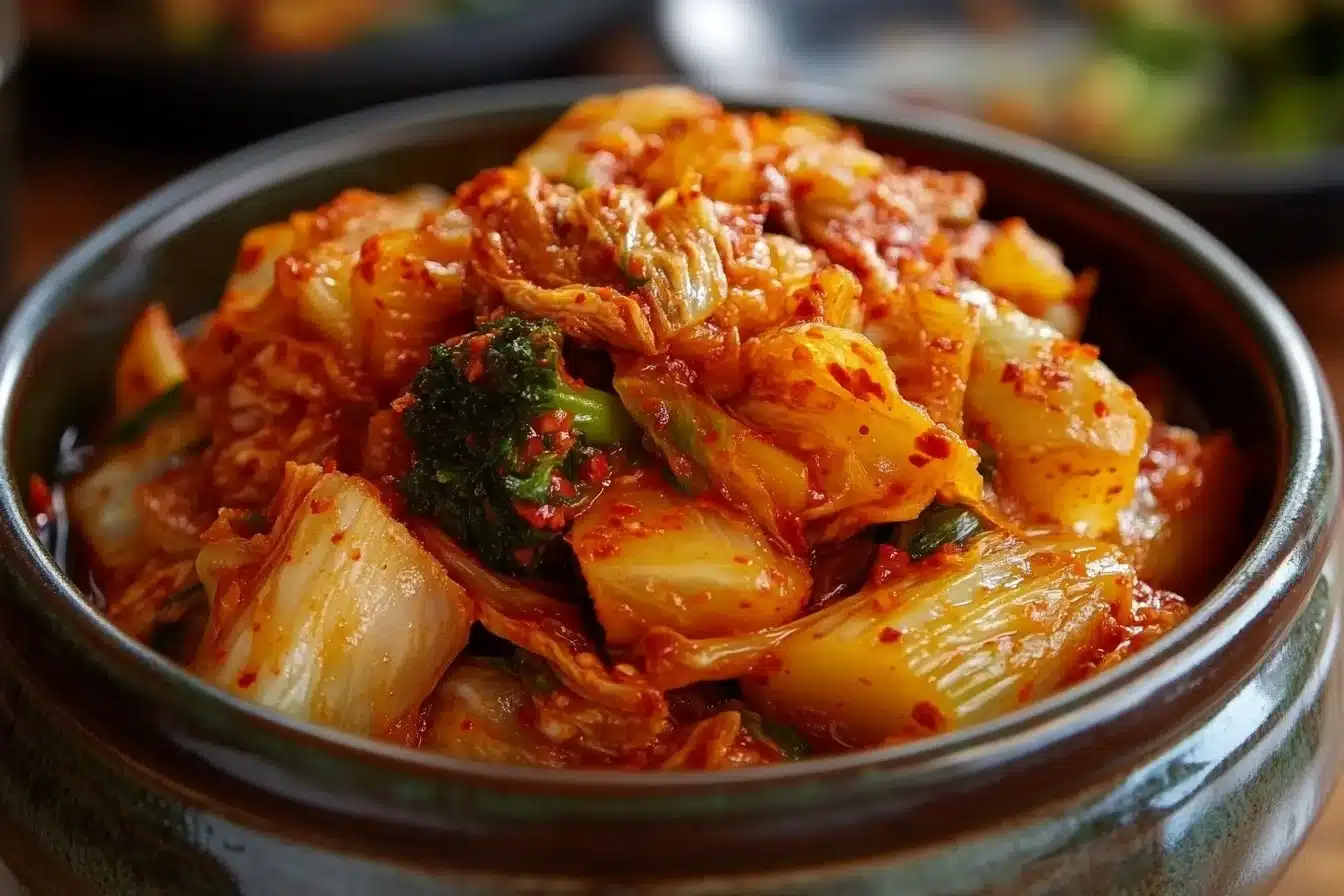Homemade easy and delicious kimchi in a jar ready to be enjoyed