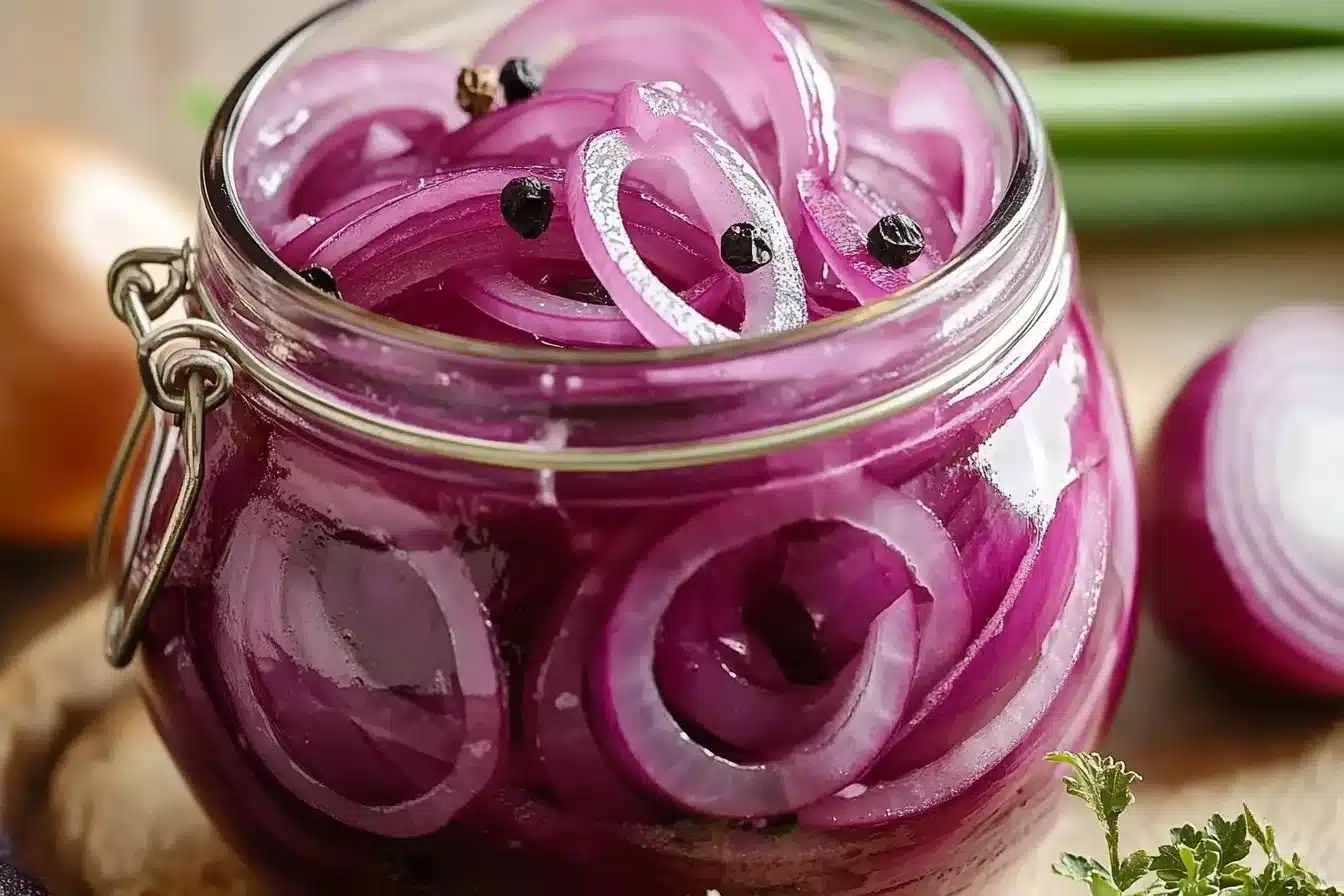 Jar of easy fermented red onions ready to enhance dishes