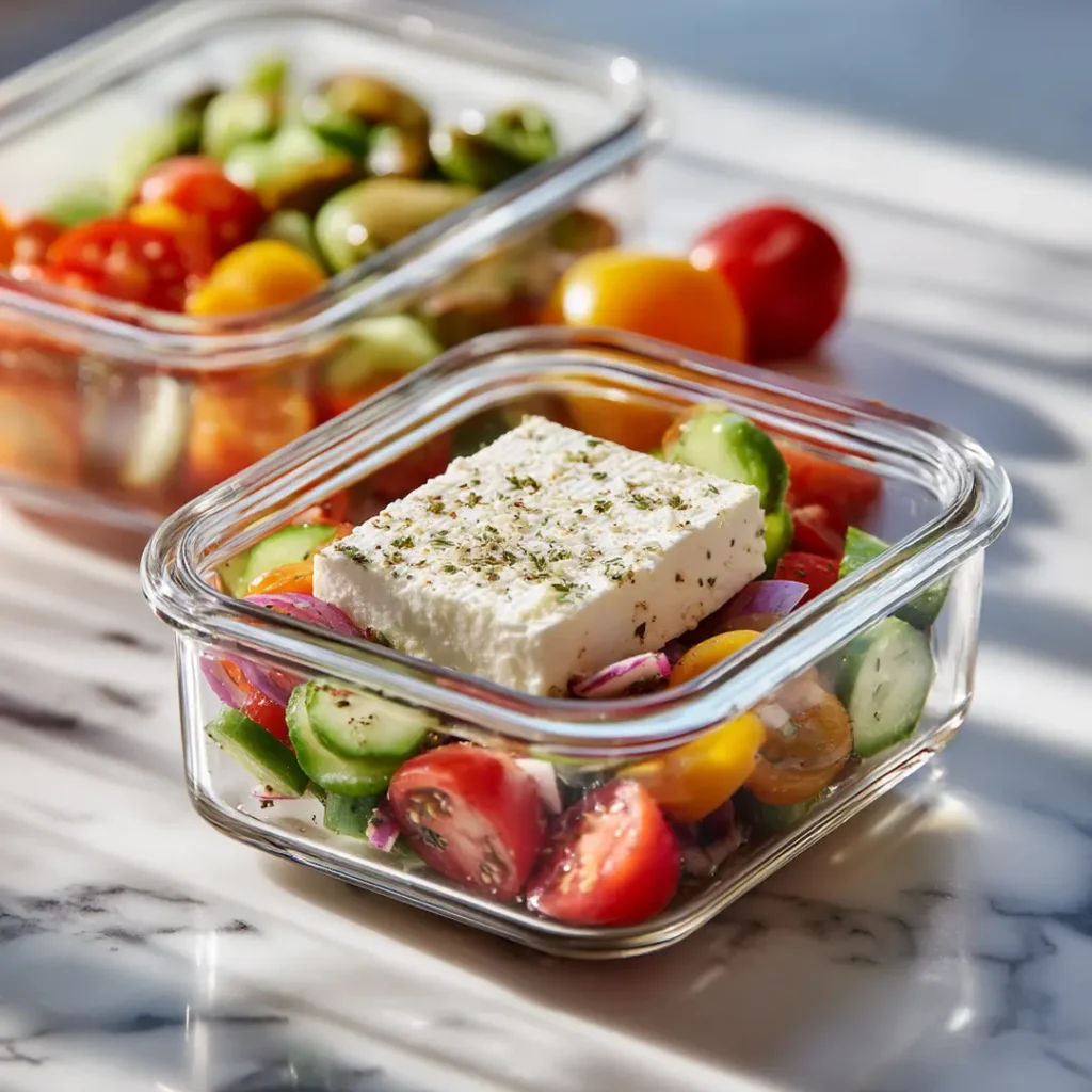 Glass meal prep container filled with easy greek salad and feta