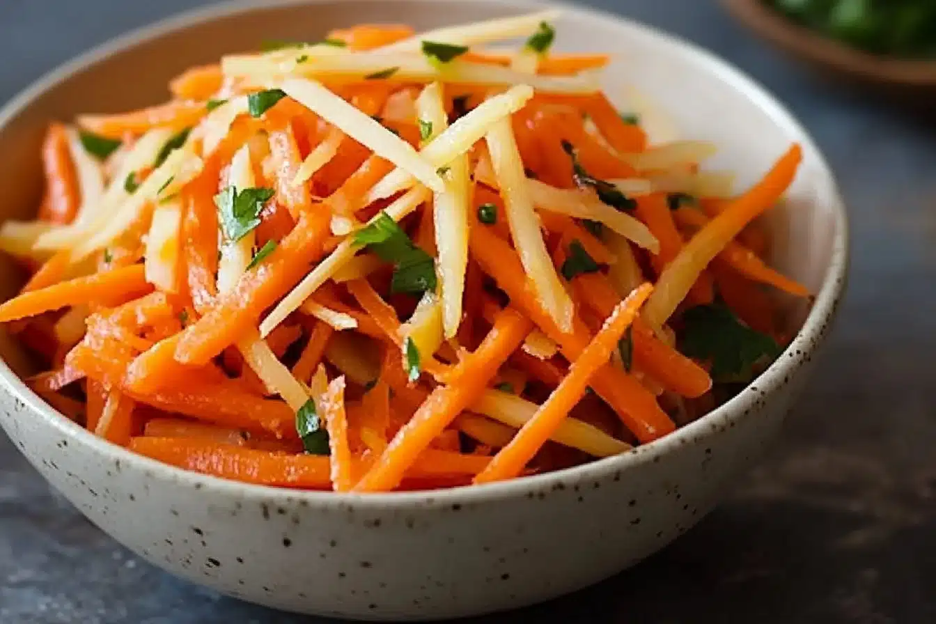 Fermented carrot ginger salad in a bowl, showcasing vibrant colors and textures.