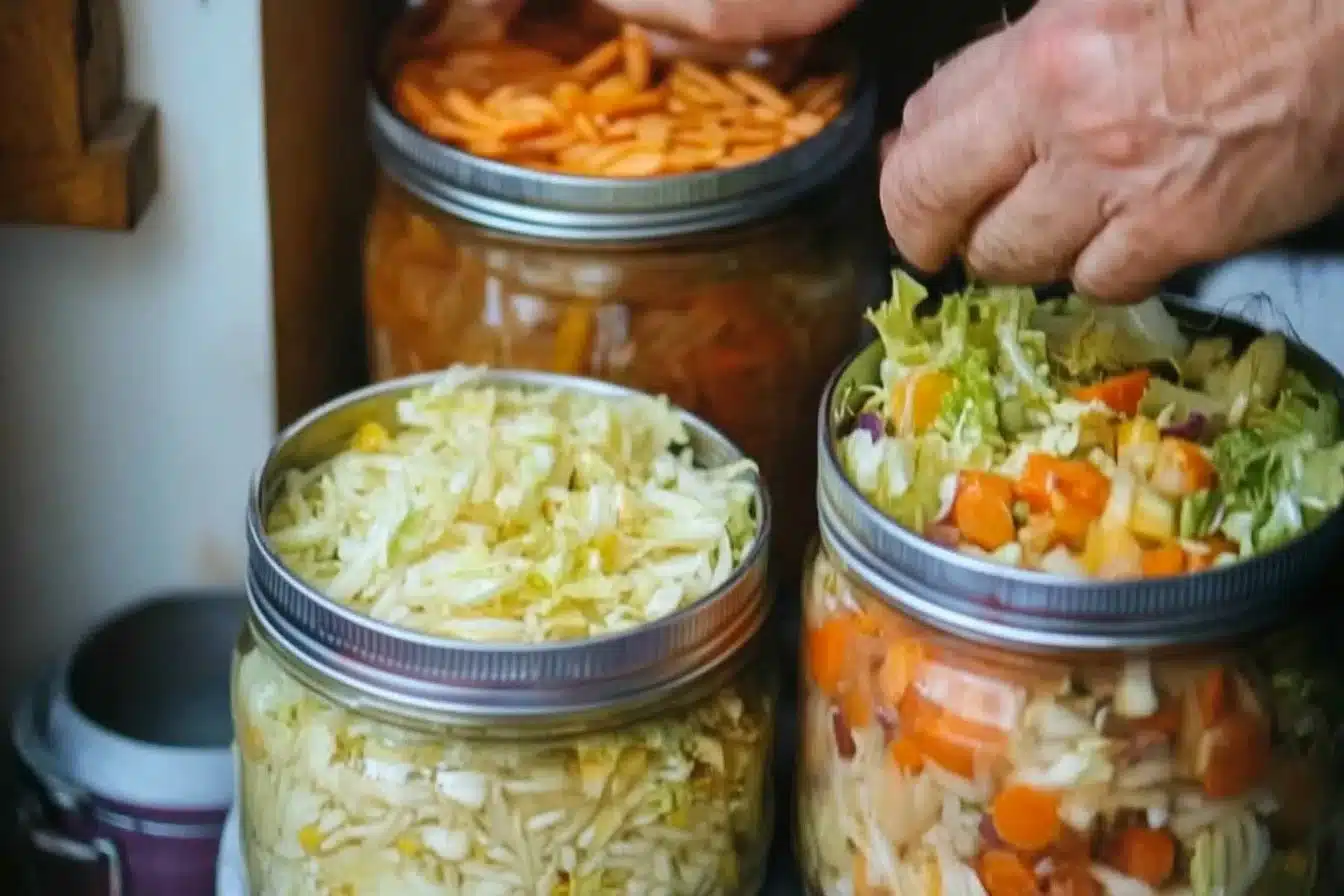 Variety of homemade fermented food including kimchi and yogurt
