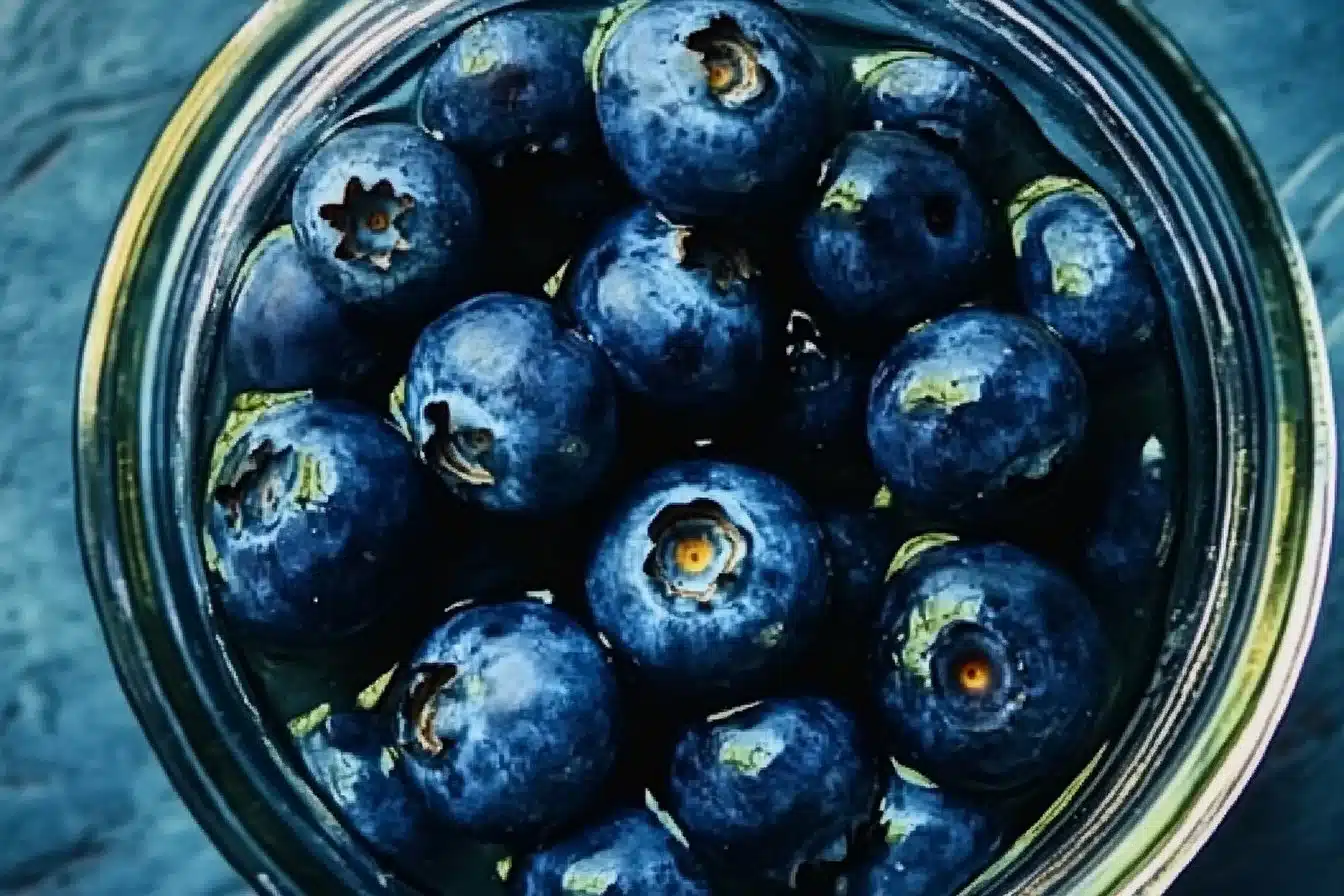 A jar of homemade fermented honey blueberries showcasing vibrant colors.