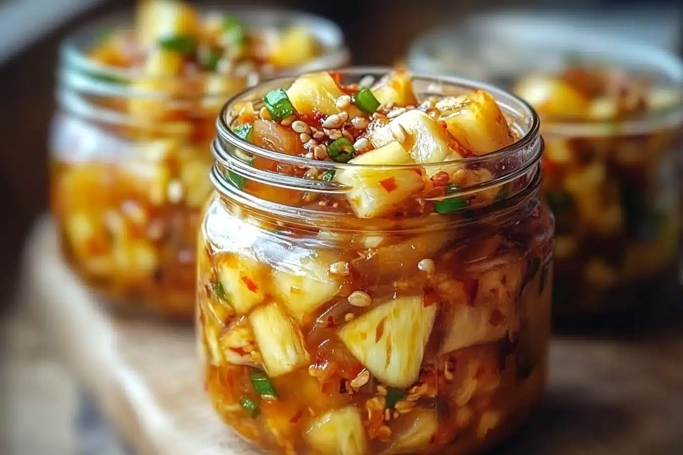 Bowl of fermented pineapple kimchi with vibrant colors and fresh ingredients