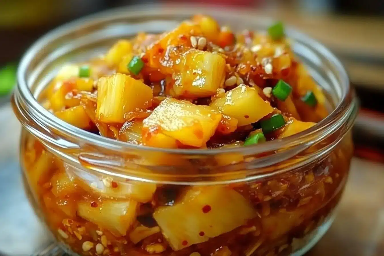 Bowl of fermented pineapple kimchi with vibrant colors and fresh ingredients