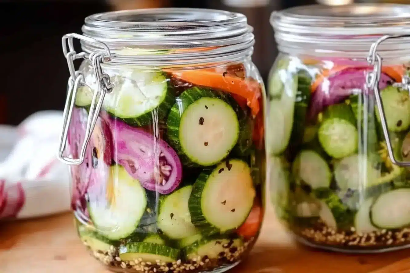 A variety of colorful fermented vegetables, including pickles and sauerkraut, displayed in jars.