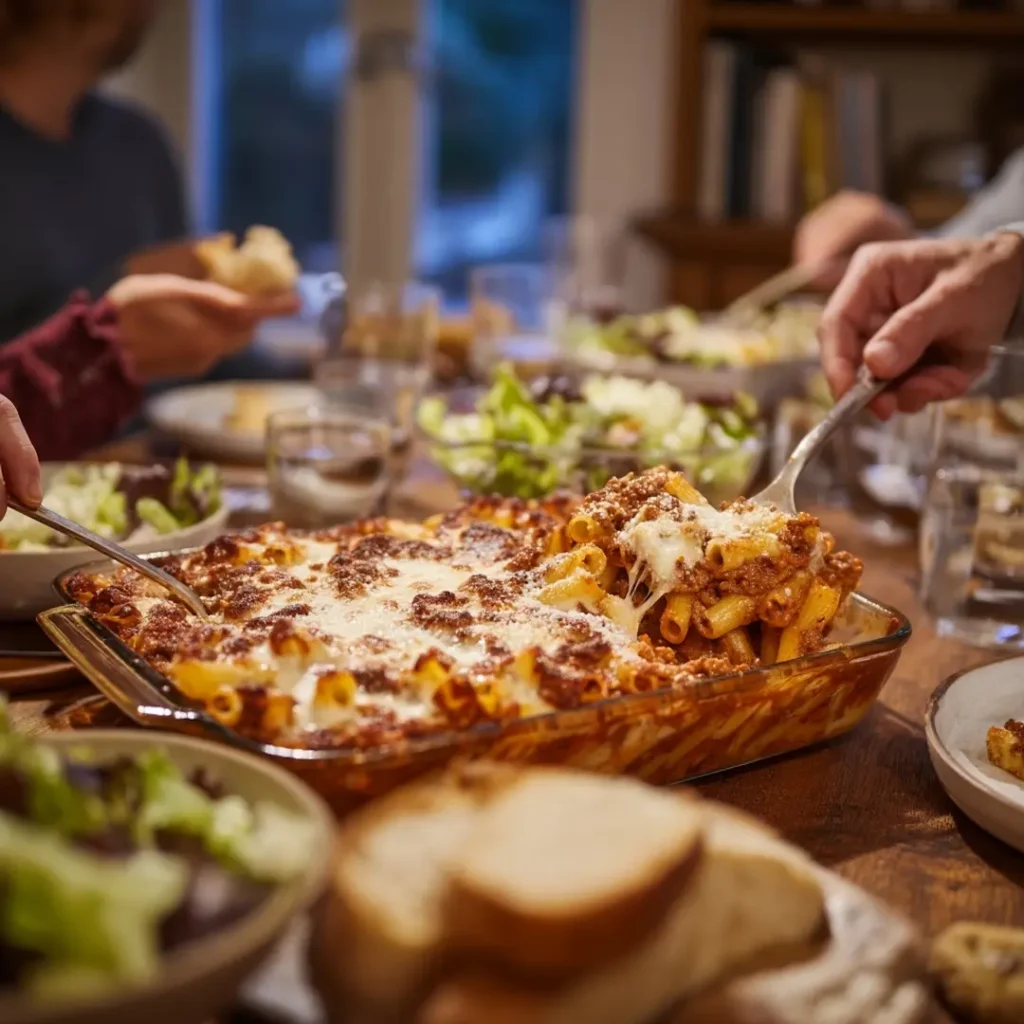 Five cheese ziti al forno on a family dinner table with sides.