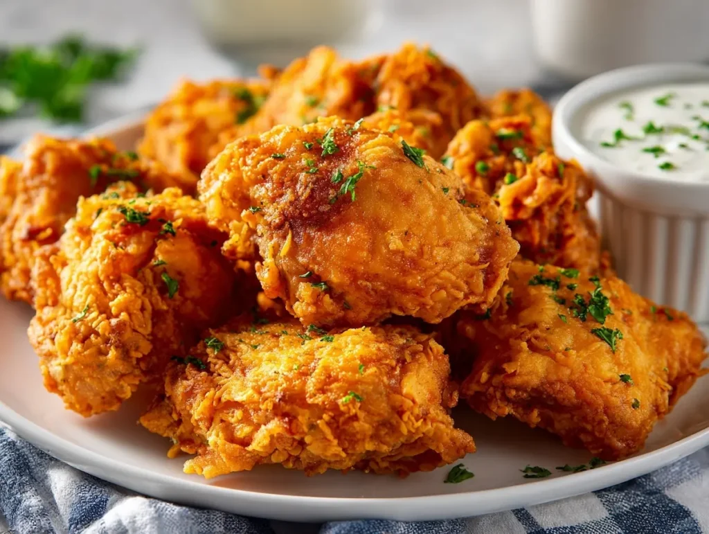 plate of crispy fried chicken marinated in homemade buttermilk from milk