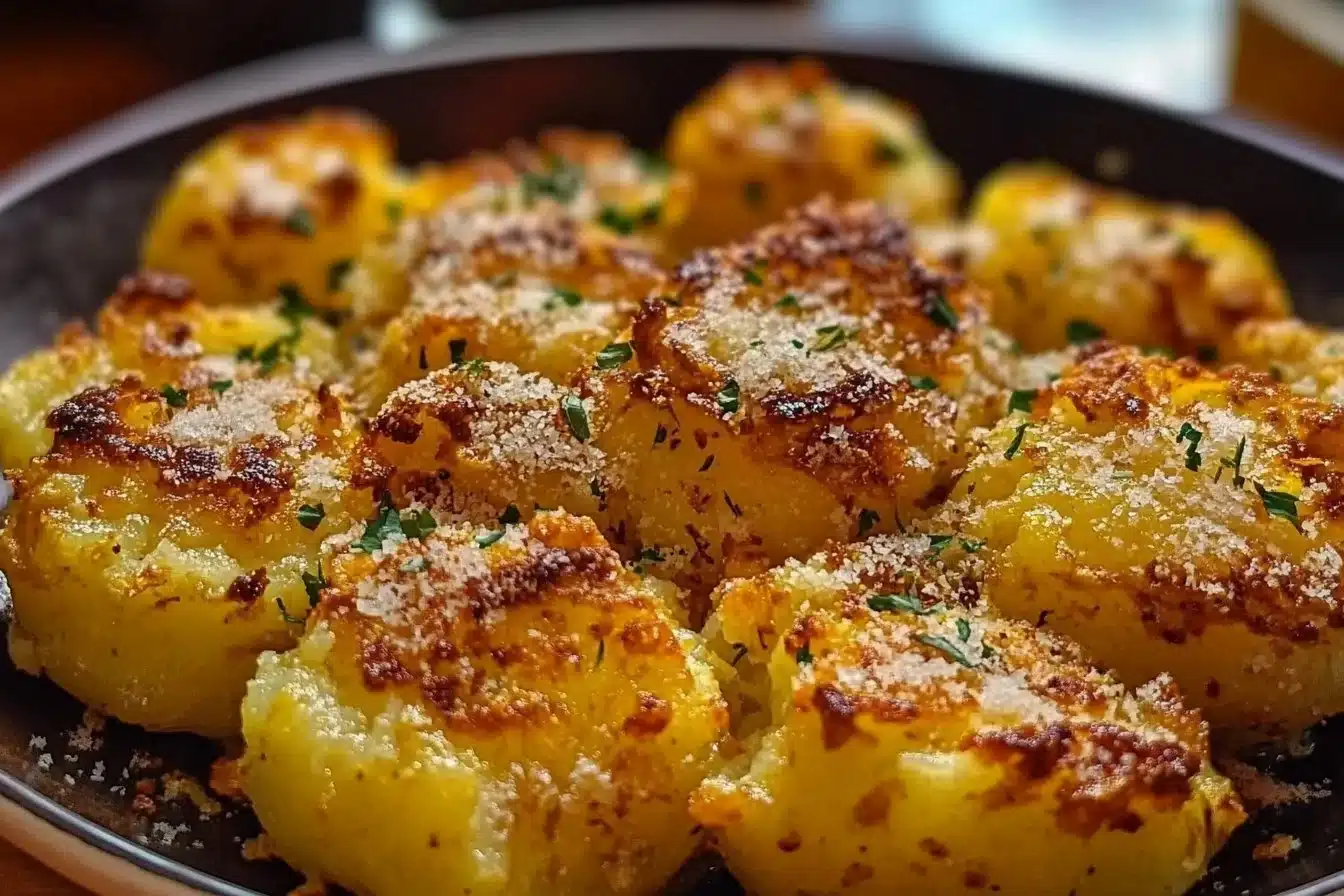 Delicious Garlic Butter Parmesan Smashed Potatoes garnished with herbs