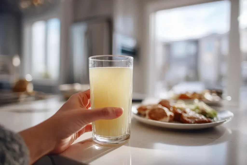 gelatin-drink-before-meal-weight-loss Hand holding gelatin drink glass before meal for weight loss routine