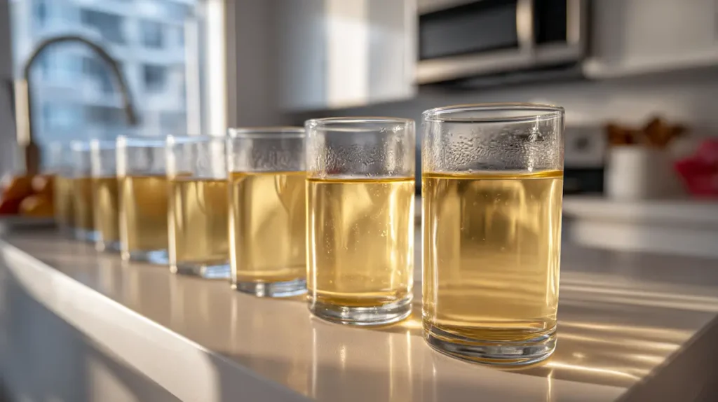 gelatin-drink-weight-loss-7day-plan Seven glasses of gelatin drink recipe weight loss lined up for 7-day plan