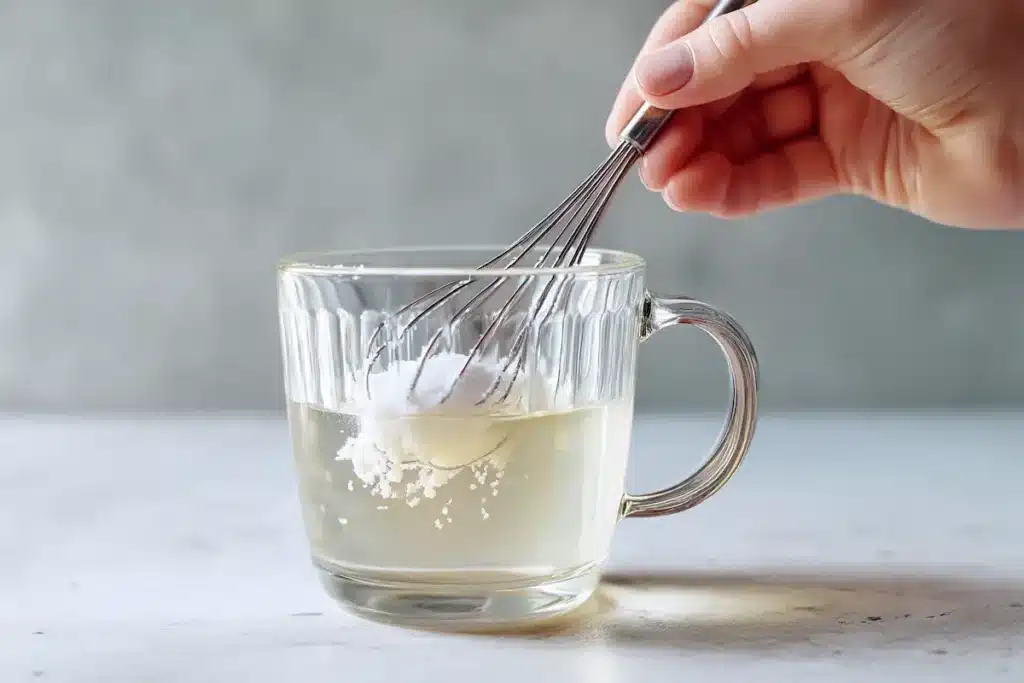 gelatin-drink-weight-loss-step1-bloom Hand whisking unflavored gelatin into hot water for weight loss drink