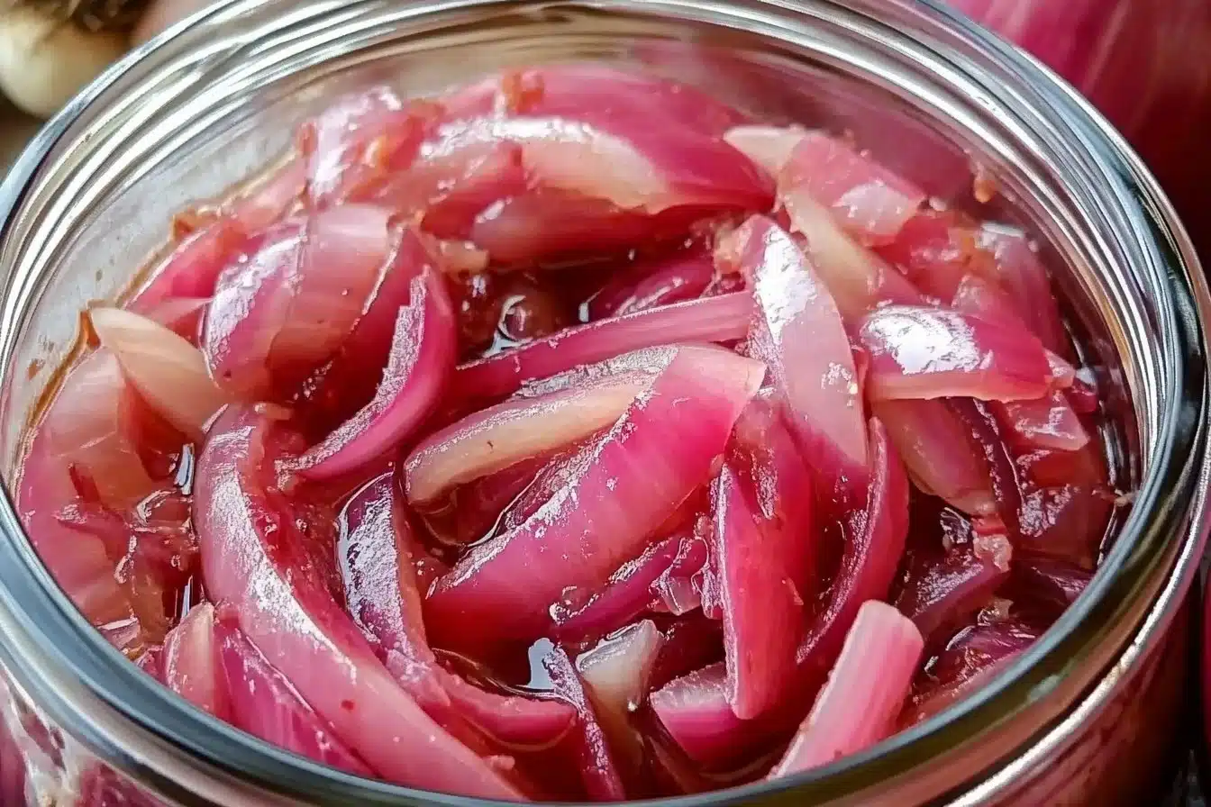 A jar of Gordon Ramsay's homemade pickled onions on a wooden table.