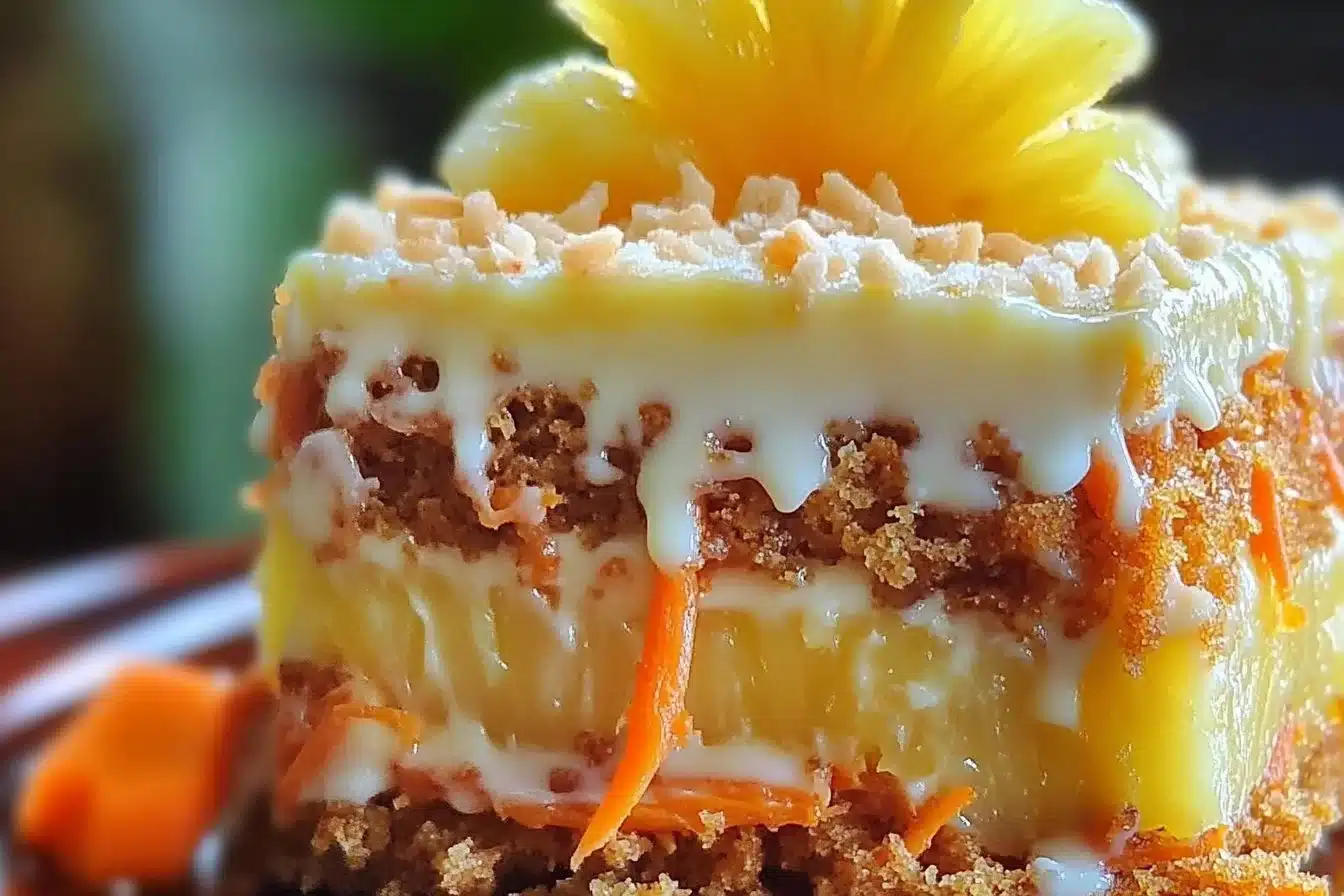 Hawaiian Carrot Pineapple Cake topped with cream cheese frosting and garnished with pineapple.