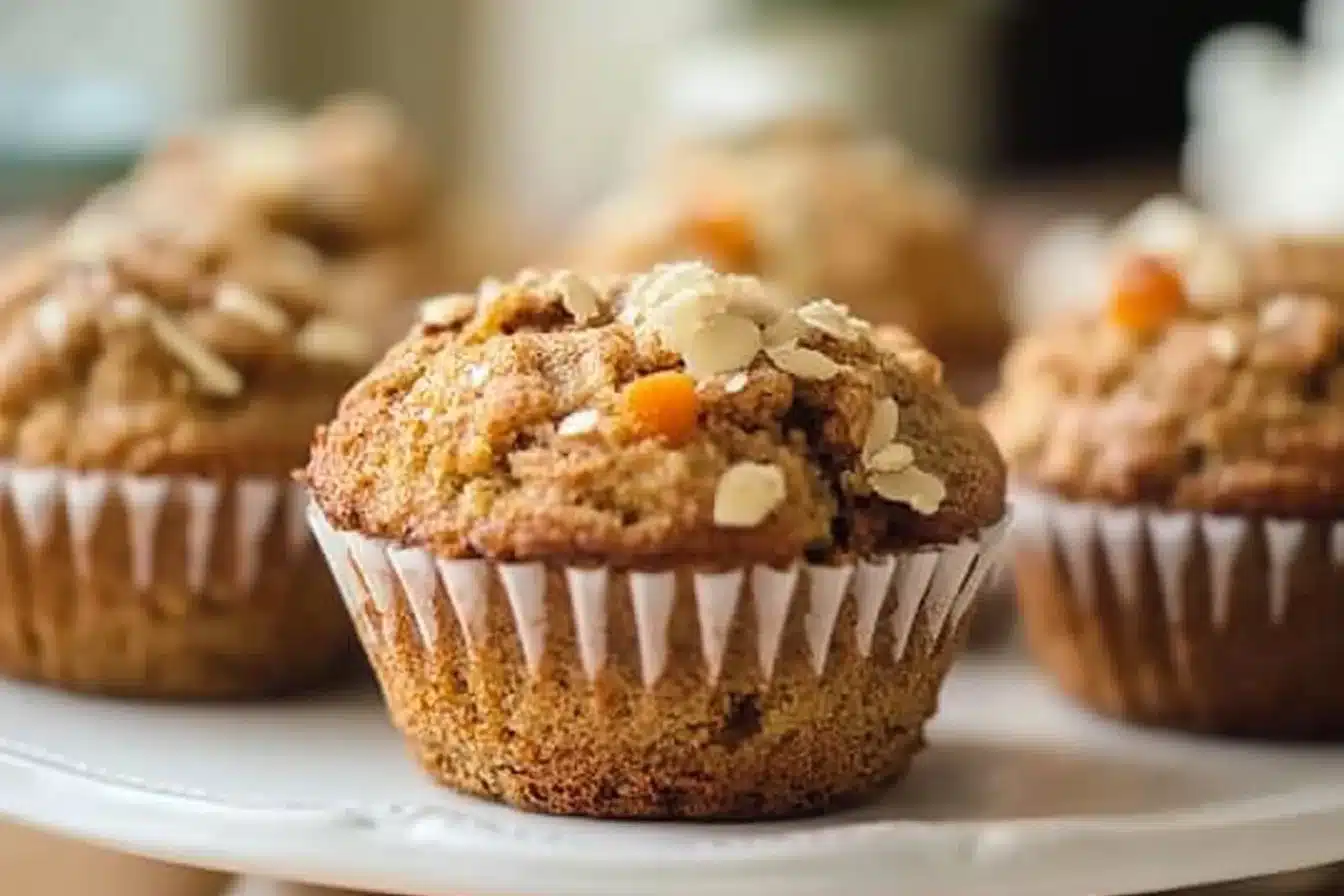 Delicious healthy carrot cake muffins topped with walnuts and frosting.
