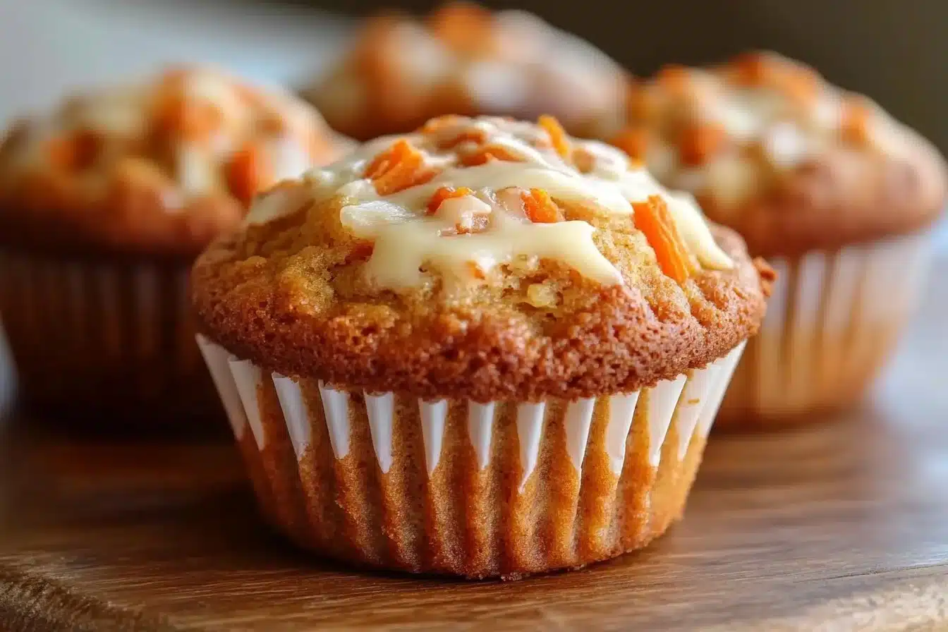 Healthy homemade carrot cake muffins topped with frosting and walnuts