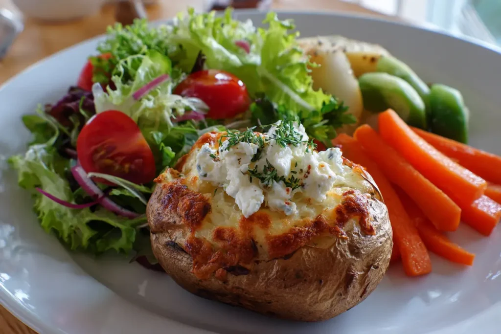 healthy-jacket-potato-balanced-plate Baked potato served with tuna, salad and vegetables on a white plate for a balanced meal.