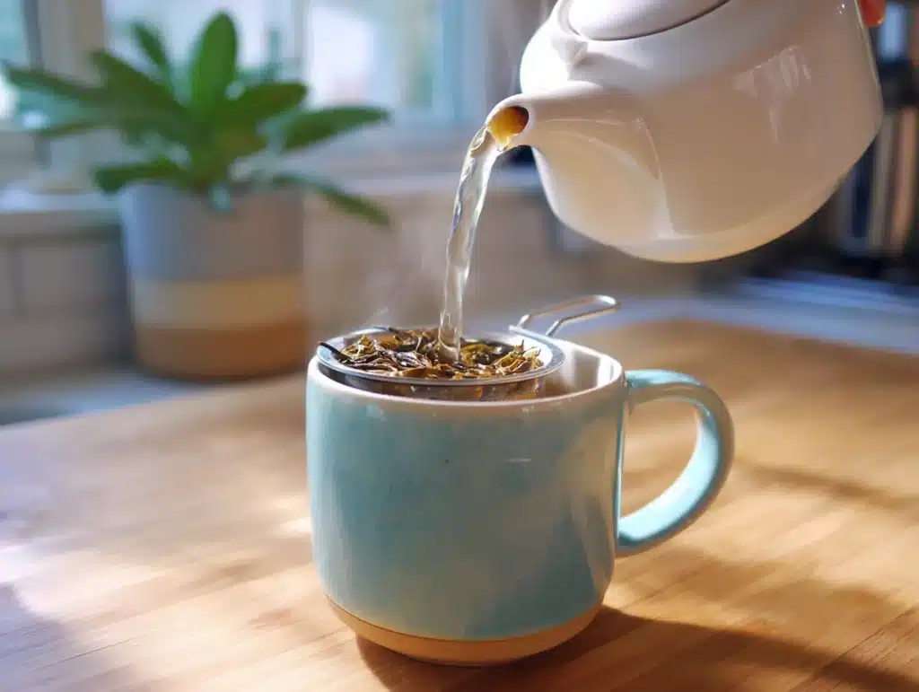 hojicha-brewing Pouring hot water over hojicha leaves in a mug on a light counter
