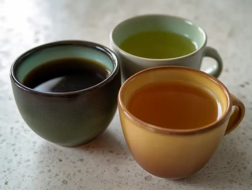 hojicha-caffeine-chart Three casual cups of coffee, green tea, and lighter hojicha on a pale counter