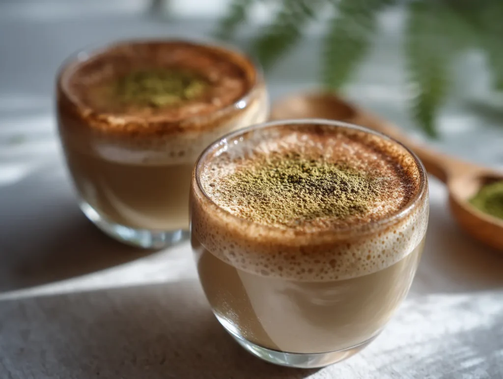 hojicha-dessert Small glasses of hojicha dessert on a light kitchen counter