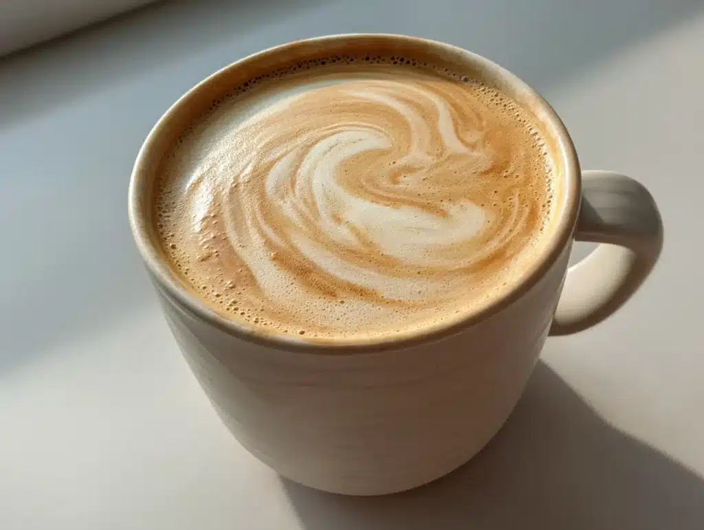 hojicha-latte Casual hojicha latte in a mug on a light table