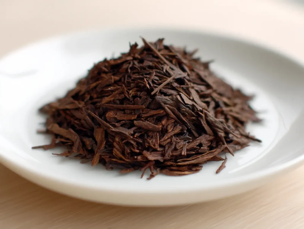 hojicha-leaves-roasted what is hojicha : Roasted hojicha loose leaf tea with brown leaves and stems on a white plate