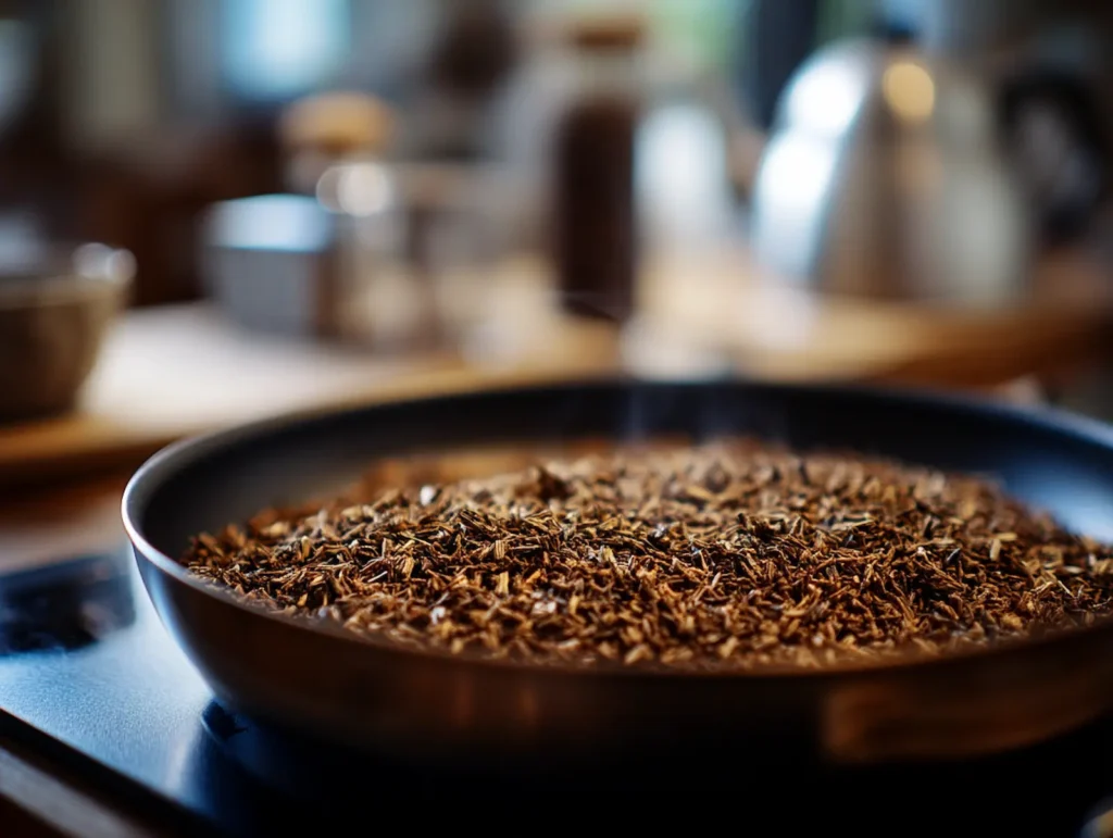 hojicha-roasting Hojicha tea leaves roasting in a pan on a home stovetop