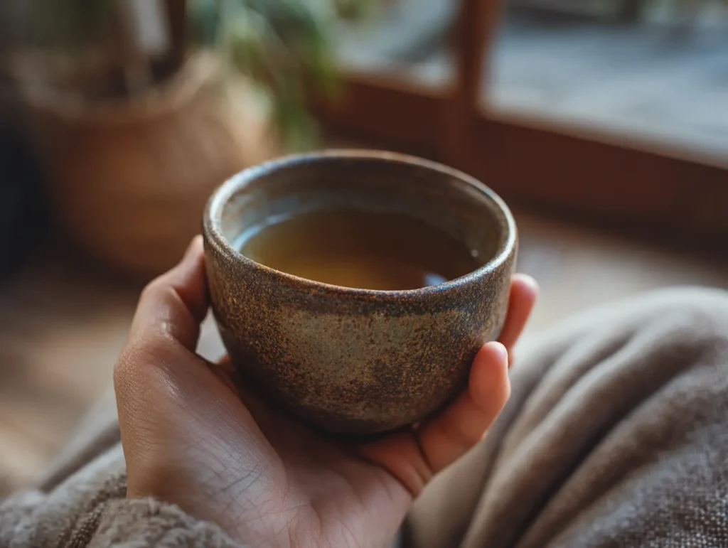 hojicha-taste Hands holding a cup of hojicha tea in a casual living room