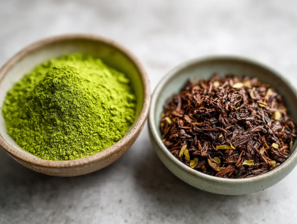 hojicha-vs-matcha Matcha powder and roasted hojicha leaves side by side on a pale counter