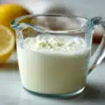 close up of homemade buttermilk from milk in a glass measuring cup on a white counter