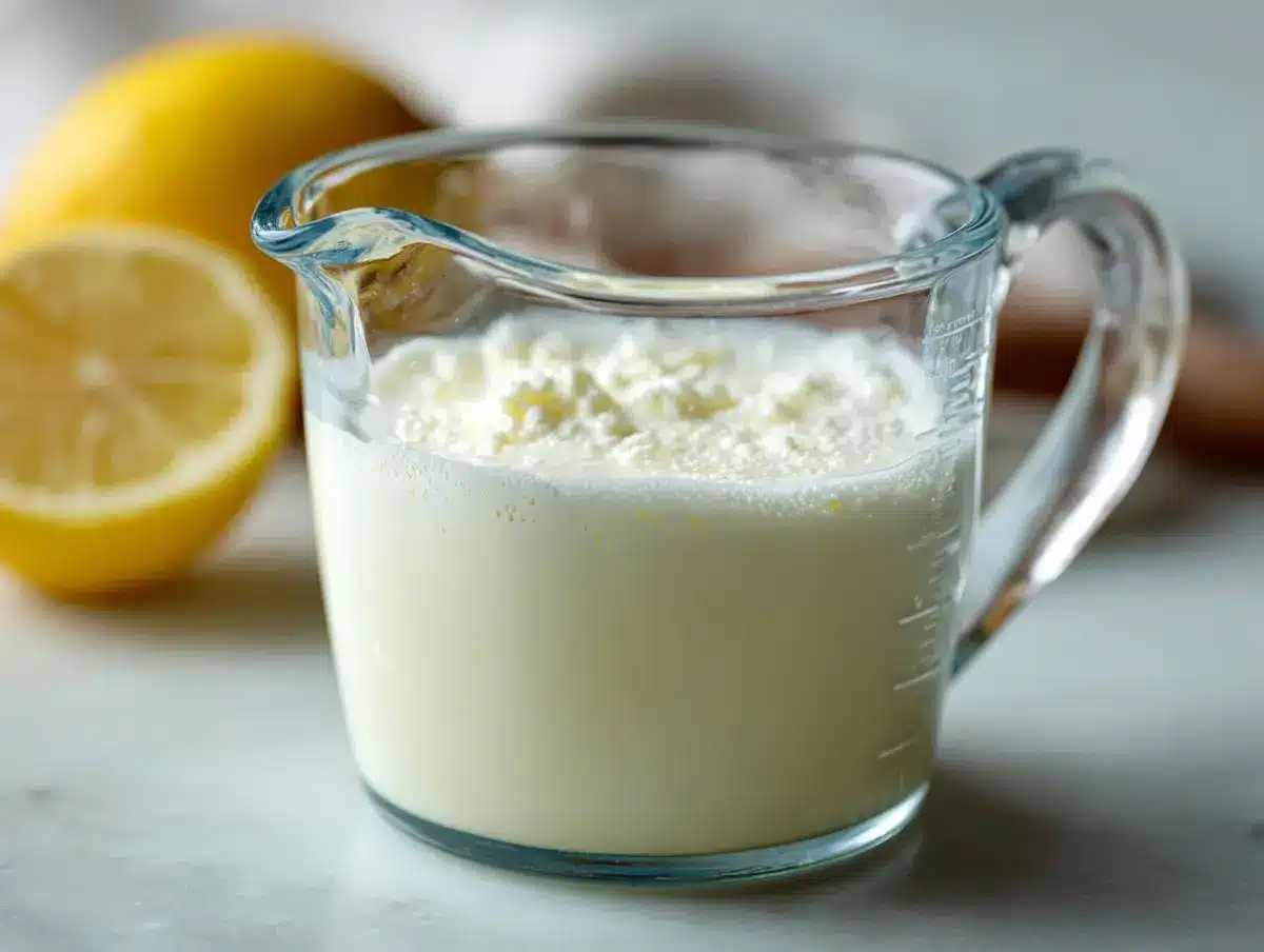 close up of homemade buttermilk from milk in a glass measuring cup on a white counter