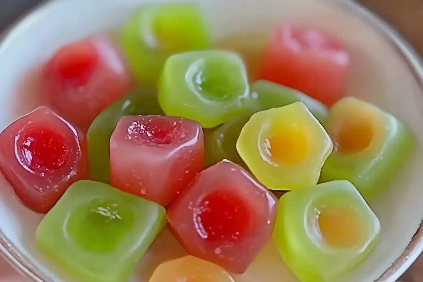 A plate of colorful homemade gushers filled with fruity flavors