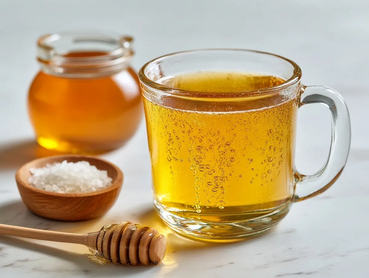 honey and sea salt recipe in clear glass mug with raw honey jar and sea salt on white marble