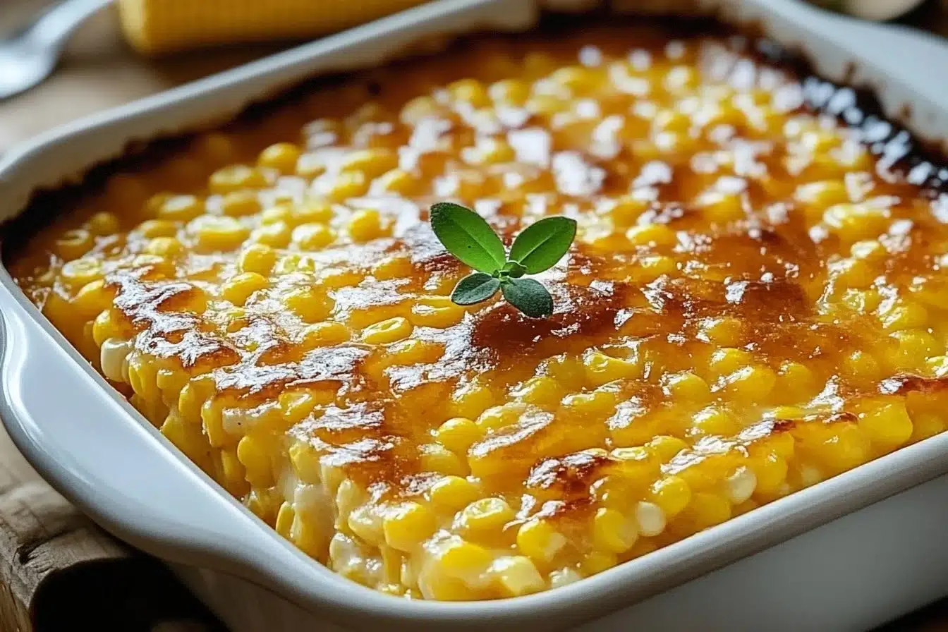 Honey-Glazed Corn Casserole topped with a golden honey glaze