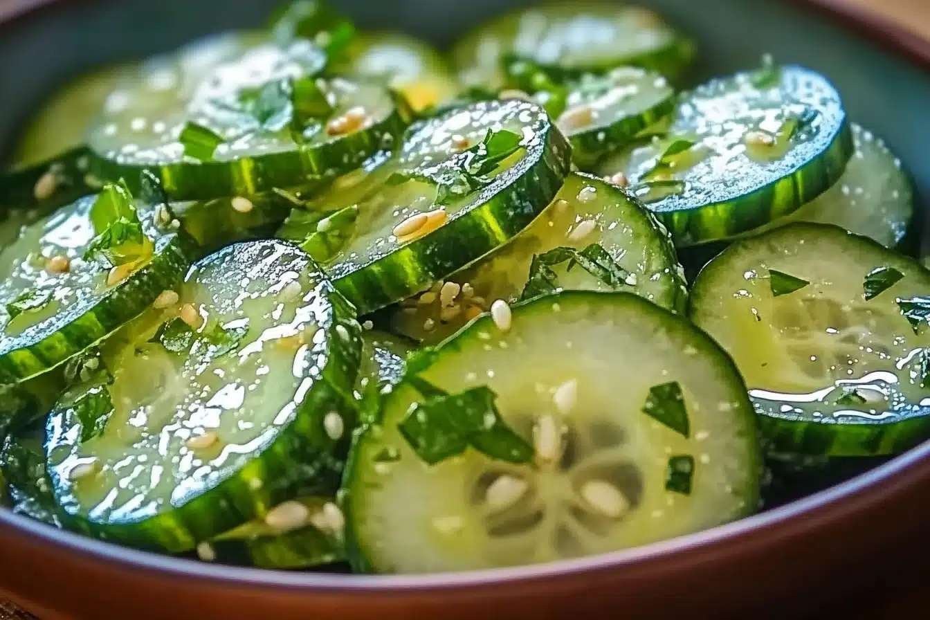 A vibrant Honey-Lime Cucumber Salad topped with fresh herbs and lime dressing.