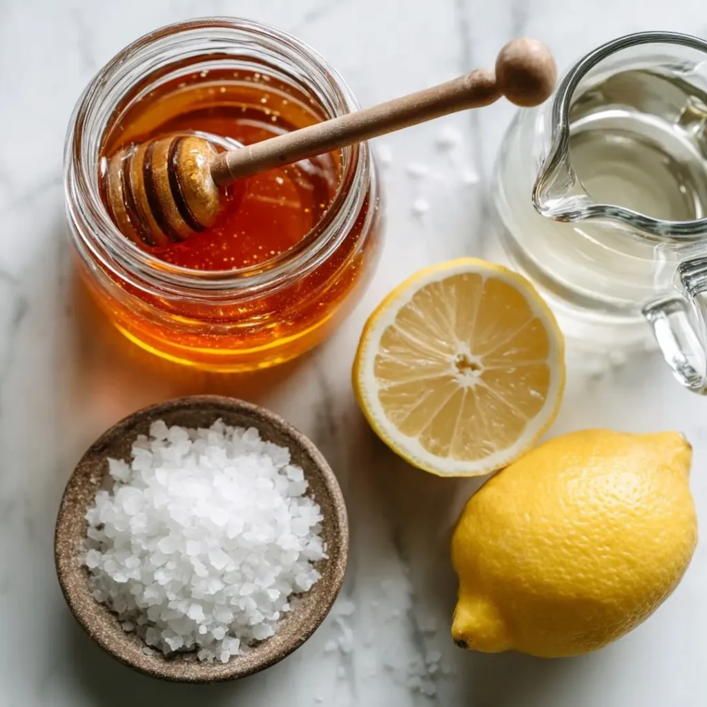 honey-sea-salt-ingredients honey and sea salt ingredients flat lay raw honey sea salt mug on white marble
