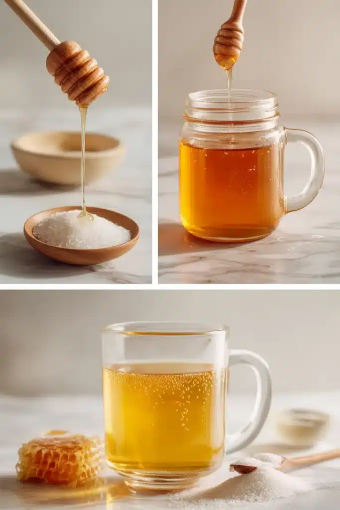 honey-sea-salt-pinterest honey and sea salt recipe Pinterest collage 3 panels ingredients mixing finished drink