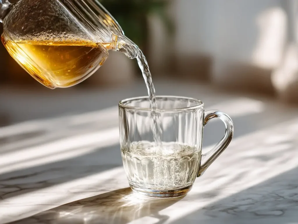 honey-sea-salt-step1-warm-water warm water poured into glass mug honey and sea salt recipe step 1