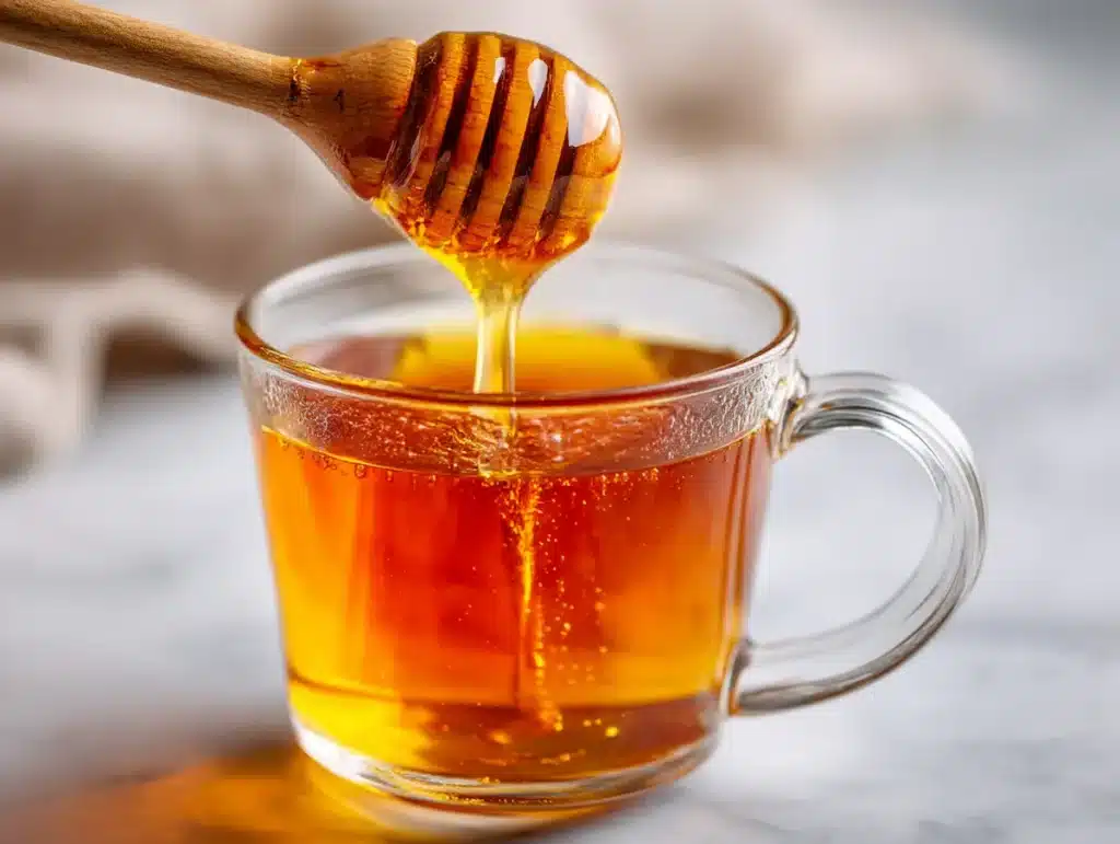 honey-sea-salt-step2-honey raw honey drizzling into warm water honey and sea salt pre workout step