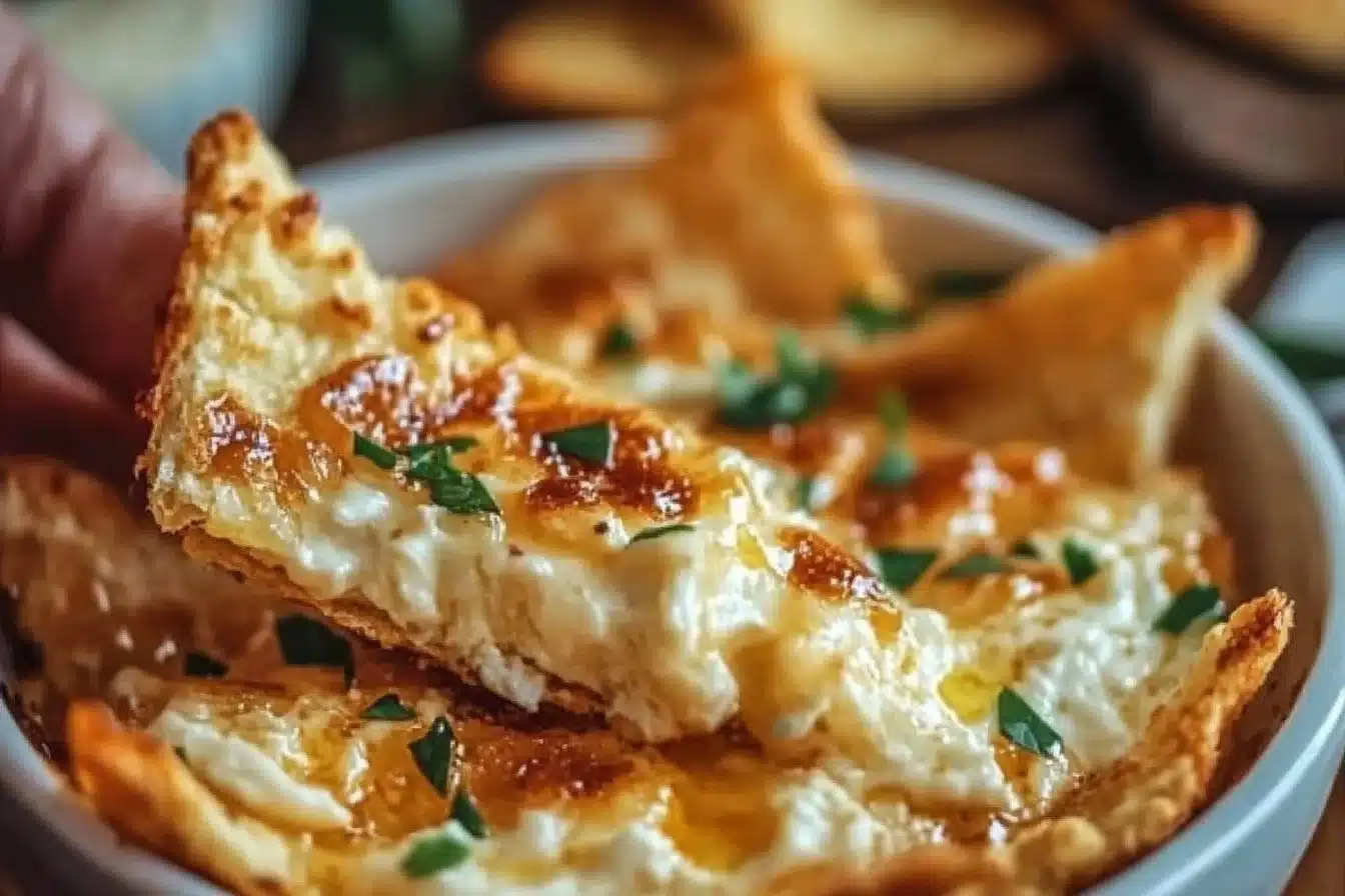 Delicious hot honey cream cheese dip served with crackers and fruit