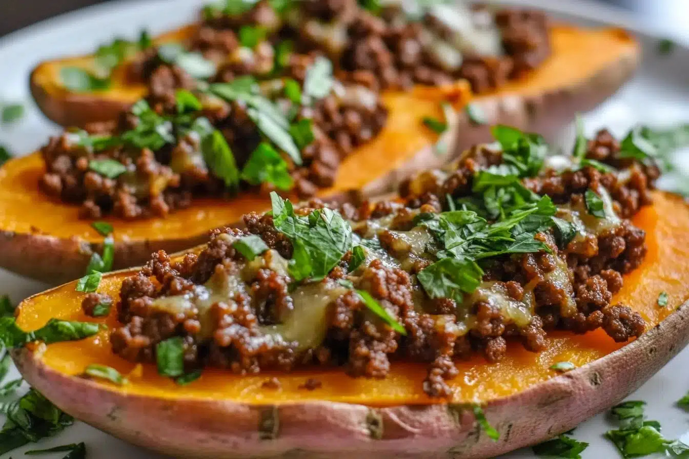 Hot honey ground beef stuffed in sweet potato boats for a tasty meal.