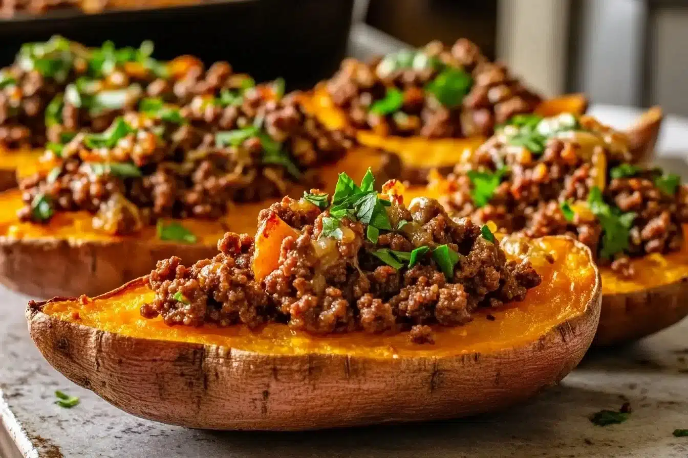 Hot Honey Ground Beef & Sweet Potato Boats 32 Hot Honey Ground Beef & Sweet Potato Boats (Healthy & Easy Weeknight Dinner)