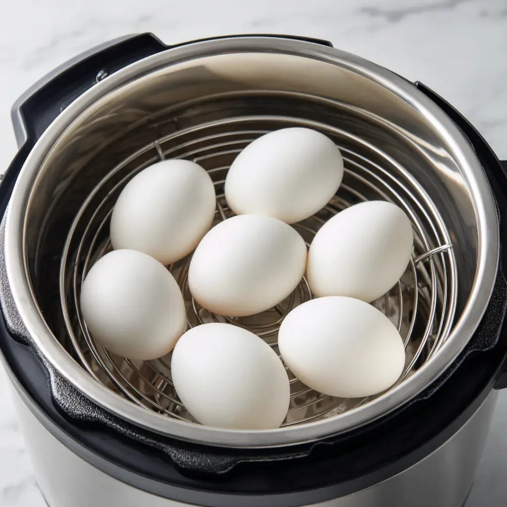 instant-pot-hard-boiled-eggs-ingredients-eggs-water-setup instant pot hard boiled eggs ingredients cold water and large eggs in pressure cooker